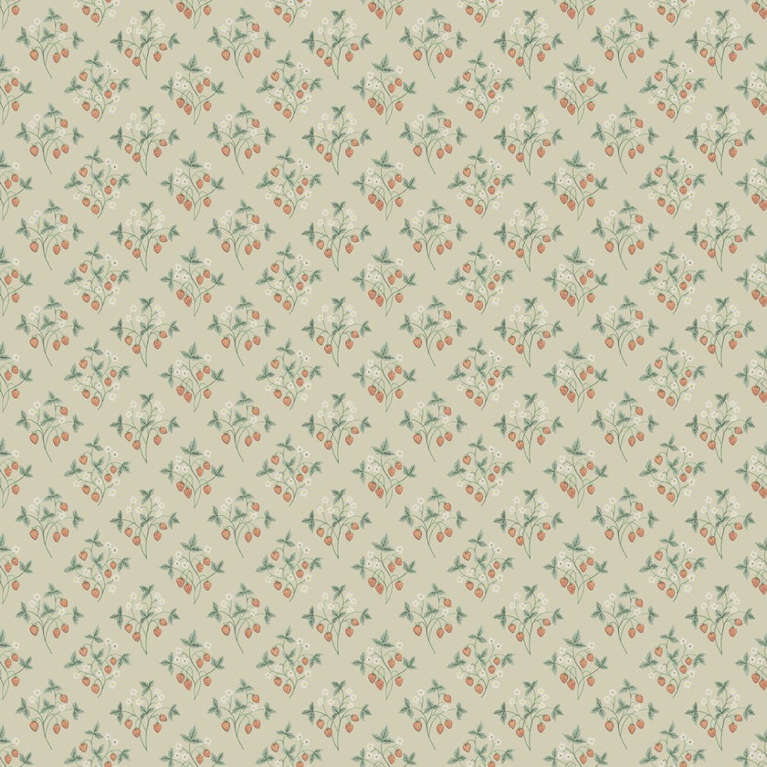 Jordgubb, beige tapet
