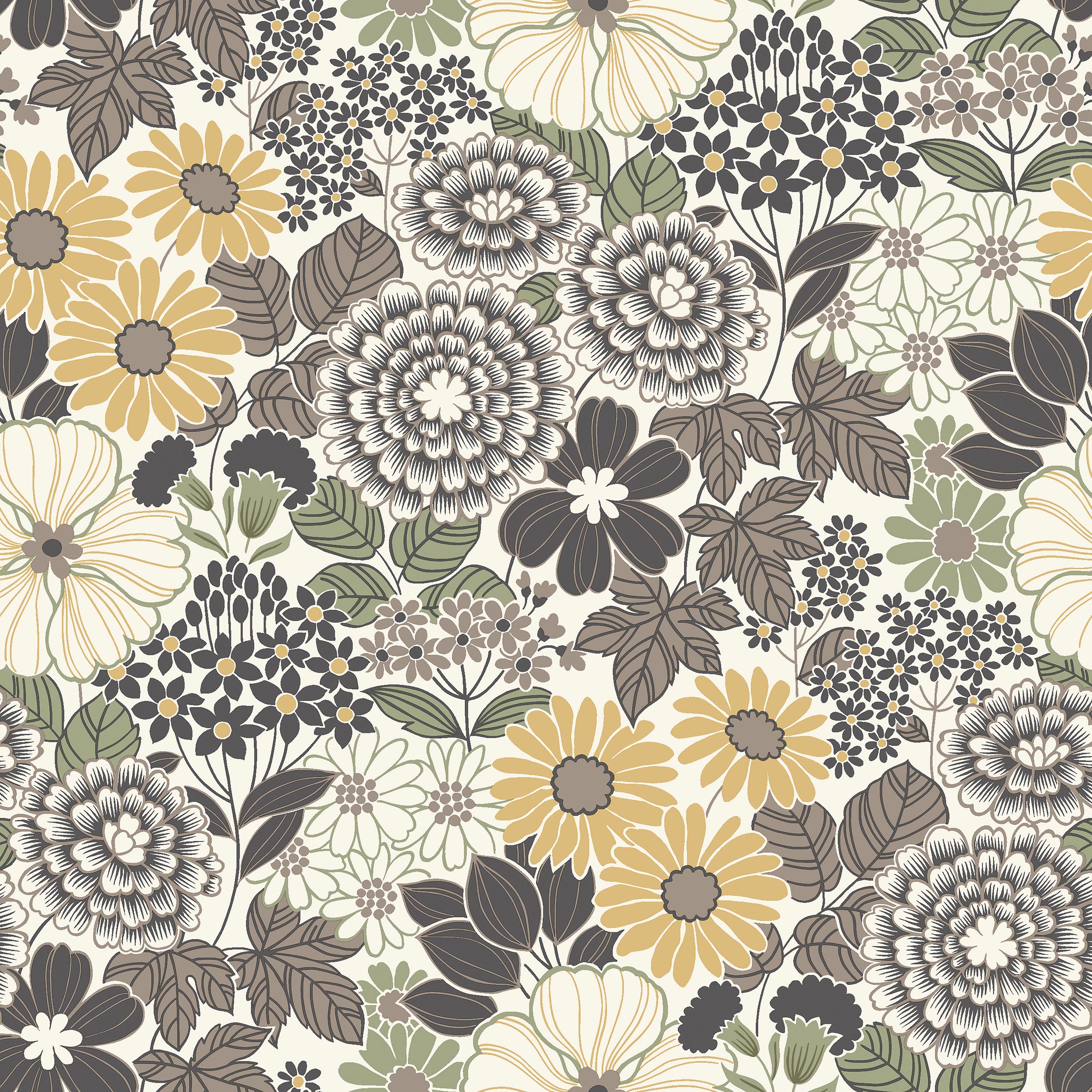 Anita retro blommönster, brun/gul