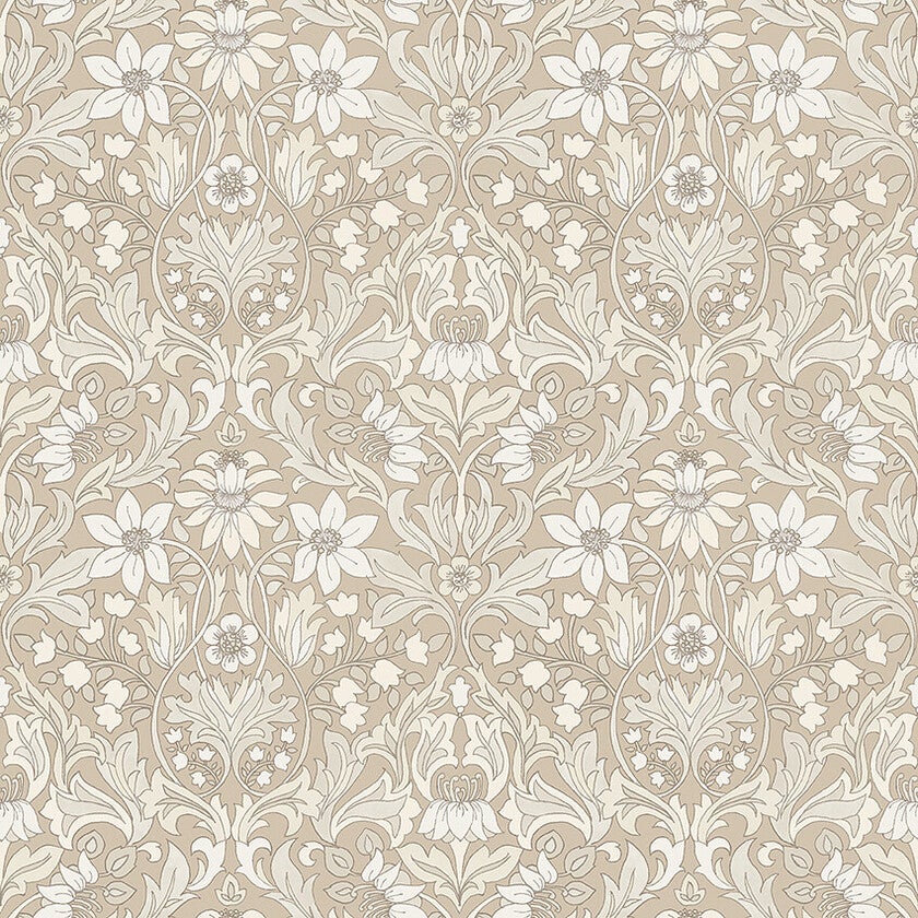 Blomsterfröjd, beige, vit och grön tapet