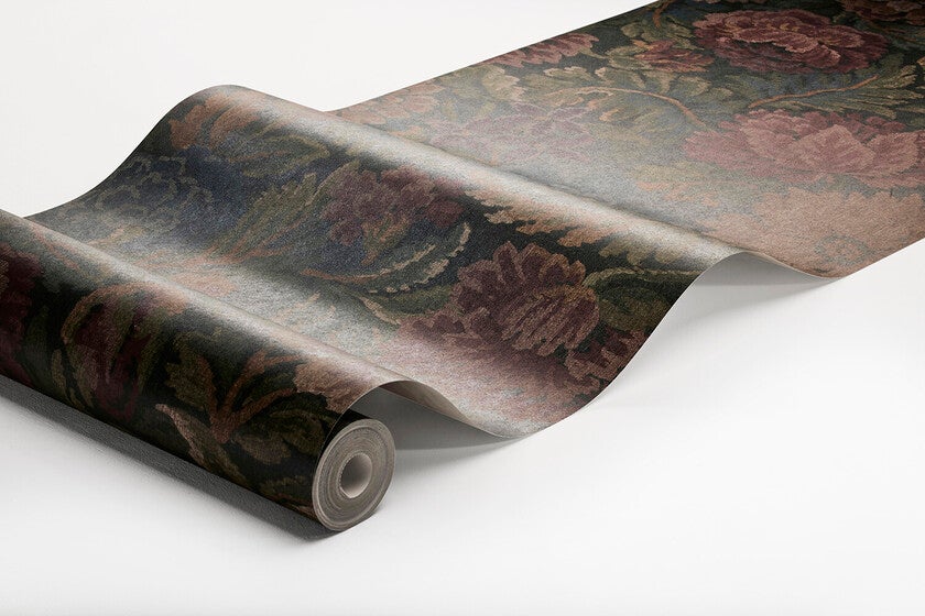 Nightingale Garden Mural mättade toner av grönt, rubinrött