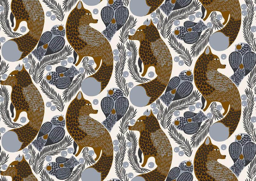 Marimekko Ketunmarja, beige, blå och röd tapet