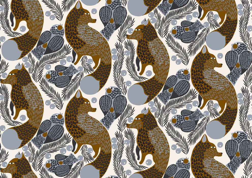 Marimekko Ketunmarja, beige, blå och röd tapet