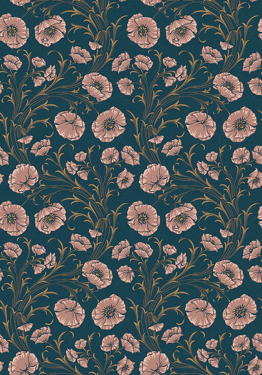 Poppy Flow, blommor på blå botten