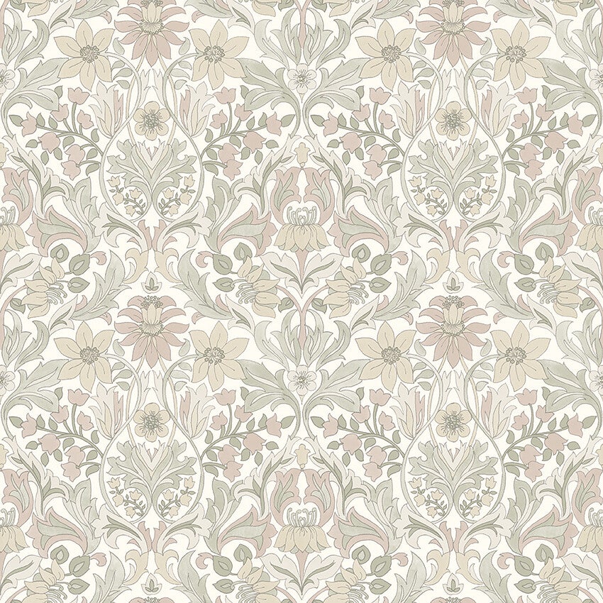 Blomsterfröjd, vit, beige och grön tapet