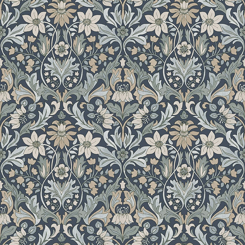 Blomsterfröjd, blå, vit och grön tapet