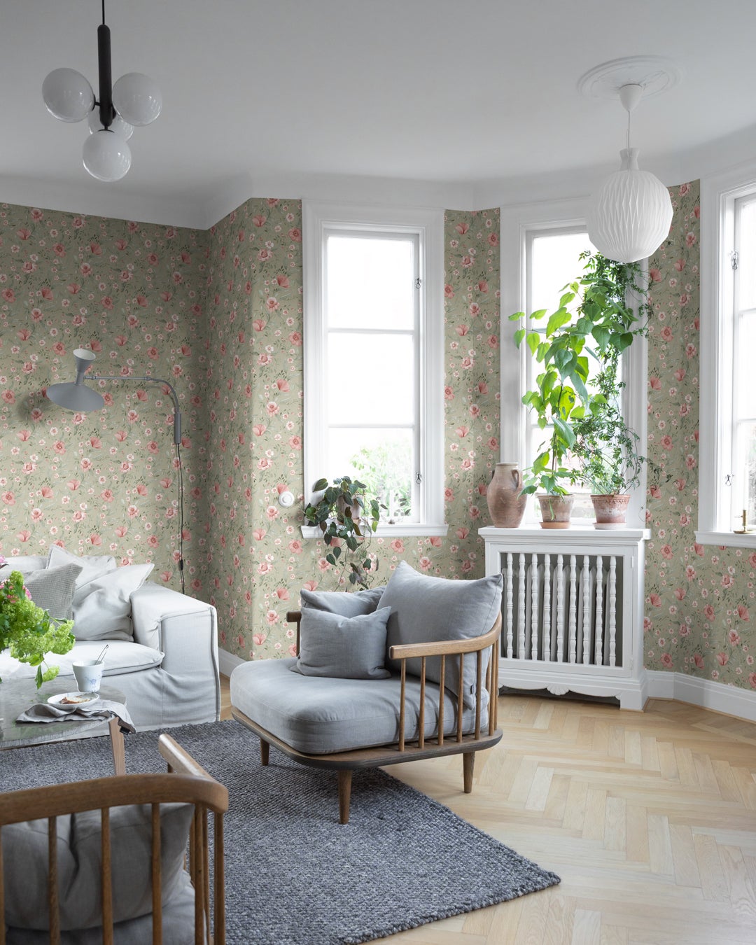 Trädgårdsblommor, grön tapet