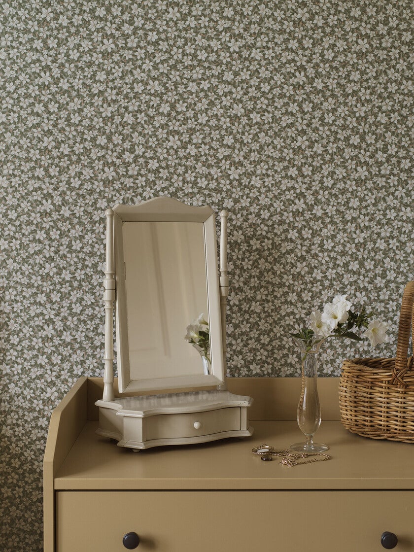 Skogsblomst, beige och grön tapet